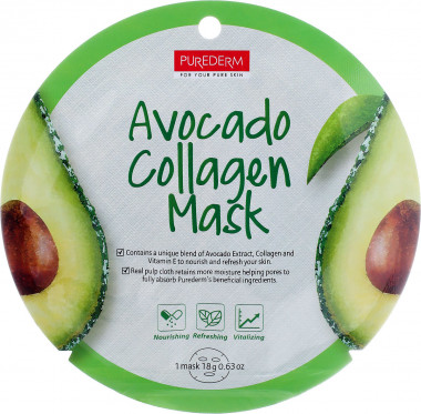 Purederm Маска Коллагеновая питание здоровый тон регенерация с экстрактом плодов Авокадо 18 гр круглая — Makeup market
