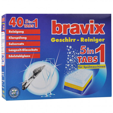 Бравикс таблетки 5в1 для посудомоечной машины Специальная система 40 по 20 г картонная коробка — Makeup market