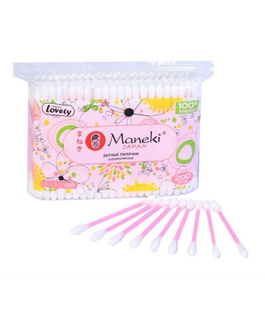 Maneki Палочки ватные гигиенические с розовым пластиковым стиком в zip-пакете 200 шт — Makeup market