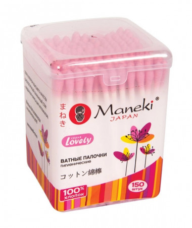 Maneki Палочки ватные гигиенические Lovely с розовым бумажным стиком в пластиковой коробке 150 шт — Makeup market