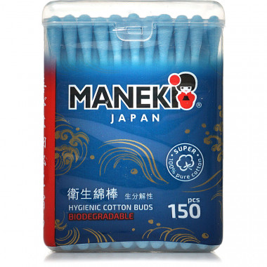 Maneki Палочки ватные гигиенические серия Ocean с голубым бумажным стиком в пластиковой коробке 150 шт — Makeup market