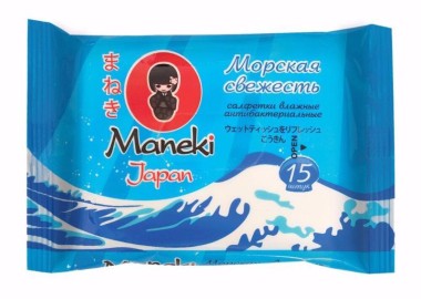 Maneki Салфетки влажные в индивидуальной упаковке Kaiteki антибактериальные Морская свежесть 15 шт — Makeup market